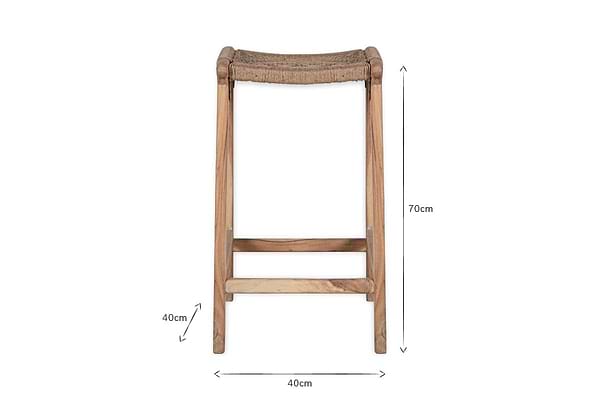 The nkuku Vinay Woven Counter Stool - Natural stands 70cm high, made from Acacia Wood with a woven jute seat. Dimensions are marked clearly with lines and text labels for easy reference.