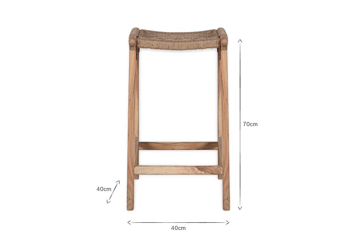 The nkuku Vinay Woven Counter Stool - Natural stands 70cm high, made from Acacia Wood with a woven jute seat. Dimensions are marked clearly with lines and text labels for easy reference.