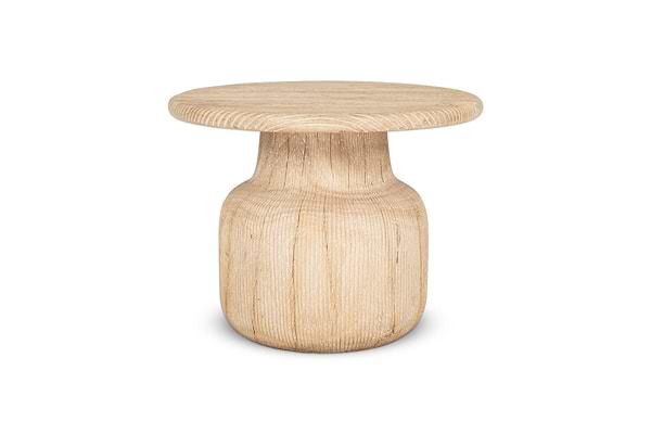 The nkuku Vivan Grooved Wood Side Table is a compact, lightweight piece made from sustainable mango wood, featuring a grooved round top and cylindrical base that highlights its natural grain and minimalist design.