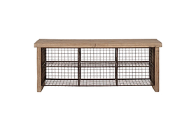 The nkuku Abha Reclaimed Wood & Iron Storage Bench - Natural features a rectangular wood top and six open iron cubbies in two rows, making it a stylish and practical shoe storage solution against a plain white background.