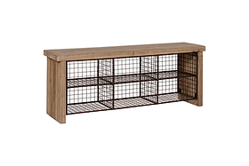 The nkuku Abha Reclaimed Wood & Iron Storage Bench - Natural features a rectangular seat and six open metal wire cubbies, making it a perfect entryway organizer.