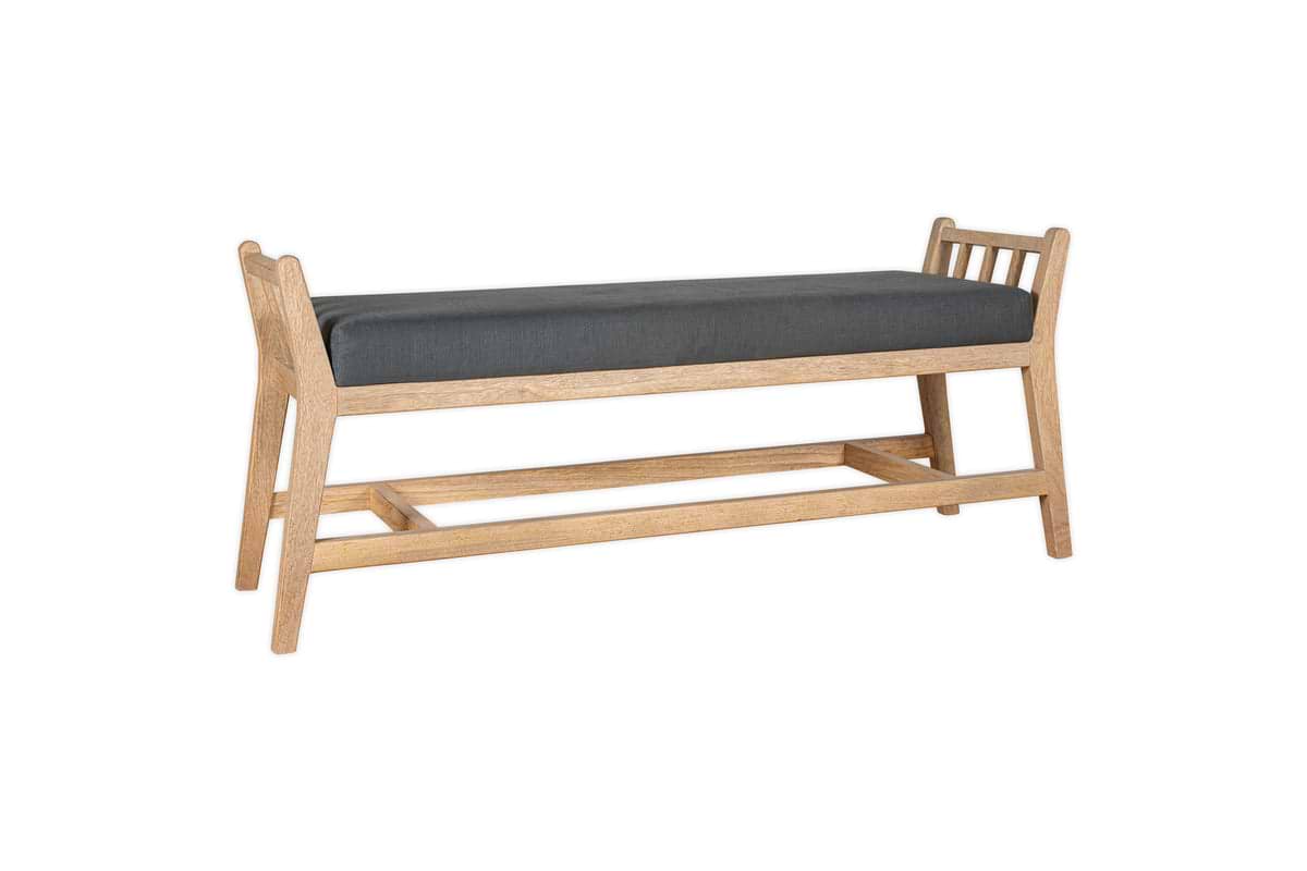 The Avanthi Upholstered Sleigh Bench by nkuku features a light natural wood finish, dark gray charcoal cushioned seat, slatted sides, open lower frame, gently angled legs, and a classic sleigh-inspired design.