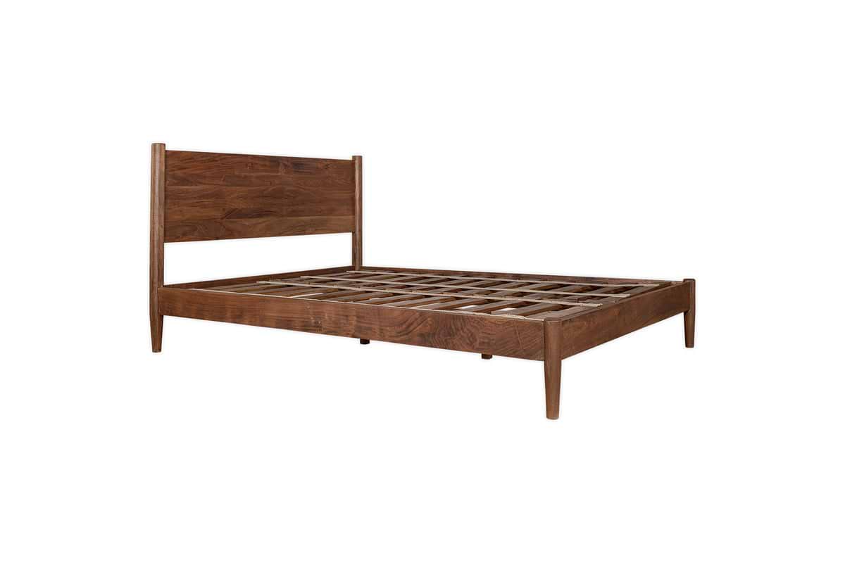 The Anbu Acacia Bed - Washed Walnut by nkuku features a tall rectangular headboard, angled legs, and a slatted base, all crafted from acacia wood. It is displayed against a white background.