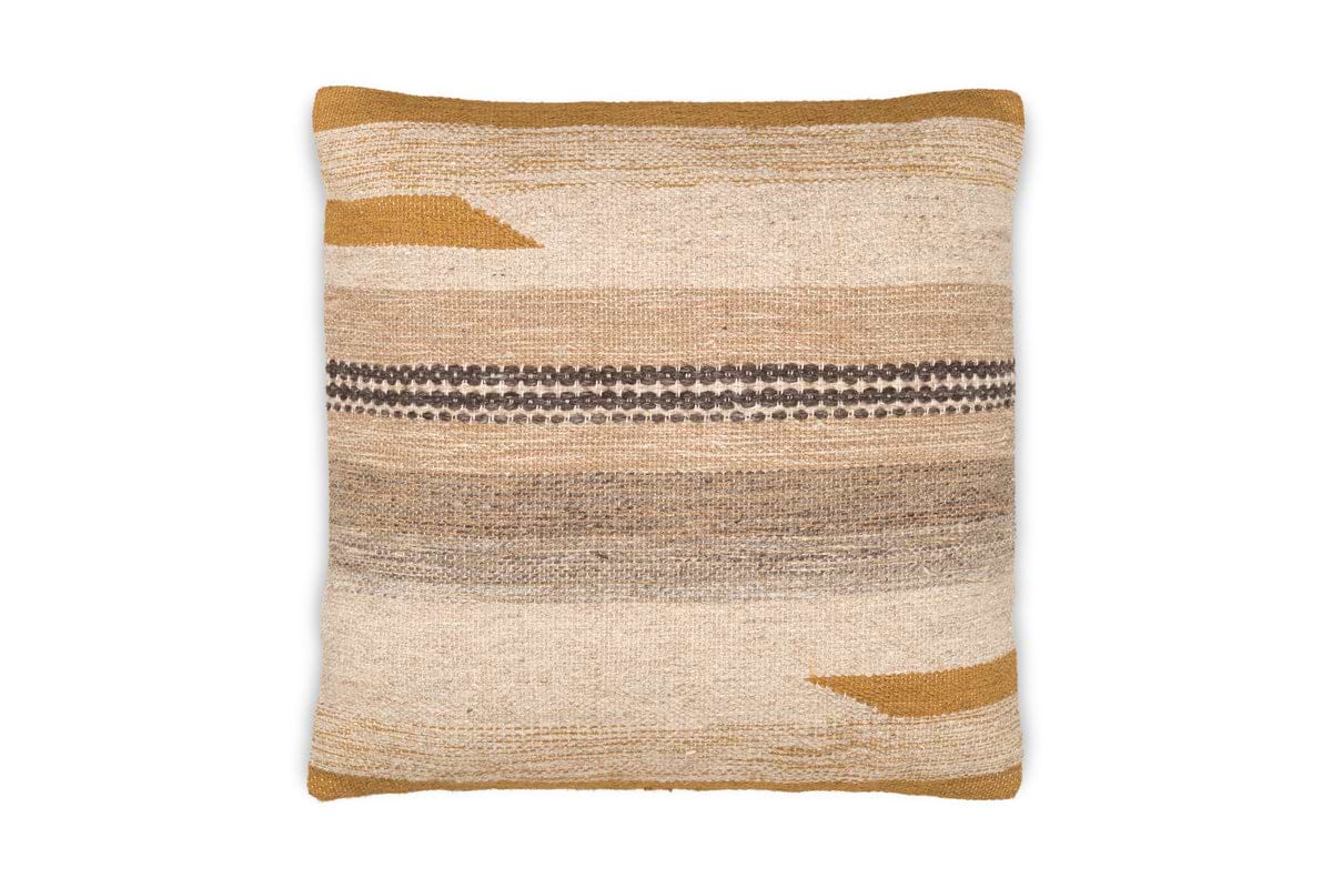 The Aravali Wool Cushion Cover - Ochre by nkuku features a square design with textured woven fabric, horizontal beige, brown, and mustard yellow stripes, and a central row of dark brown dots on a white background.