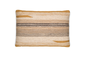 The nkuku Aravali Wool Cushion Cover - Ochre is a rectangular woven cushion cover with horizontal stripes in beige, tan, mustard yellow, and brown, plus a central band of small dark circles.