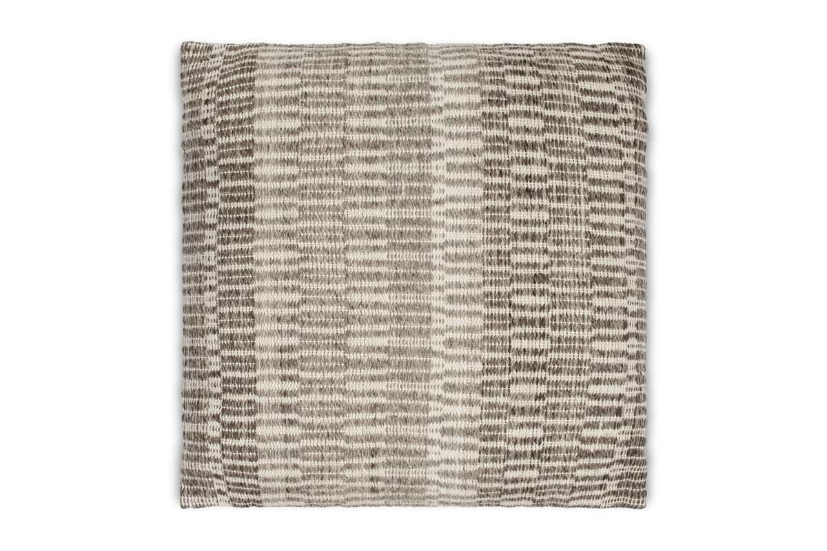 The Aahna Wool Cushion Cover by nkuku features a textured, woven design in charcoal, made from wool and recycled polyester with abstract horizontal and vertical lines for a stylish, striped look.