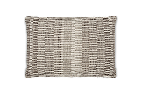 The nkuku Aahna Wool Cushion Cover in Charcoal features a textured, woven design with vertical stripes and a subtle geometric pattern, crafted from wool and recycled polyester. The background is plain white.