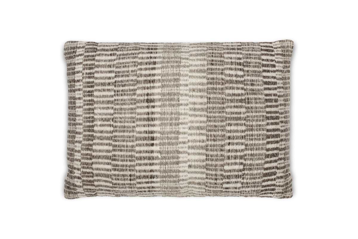 The nkuku Aahna Wool Cushion Cover in Charcoal features a textured, woven design with vertical stripes and a subtle geometric pattern, crafted from wool and recycled polyester. The background is plain white.