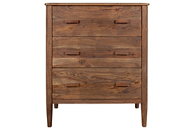 The nkuku Anbu Acacia Chest of Drawers in Washed Walnut features three drawers with rectangular handles, straight legs, and a smooth, minimalist design for stylish bedroom storage.