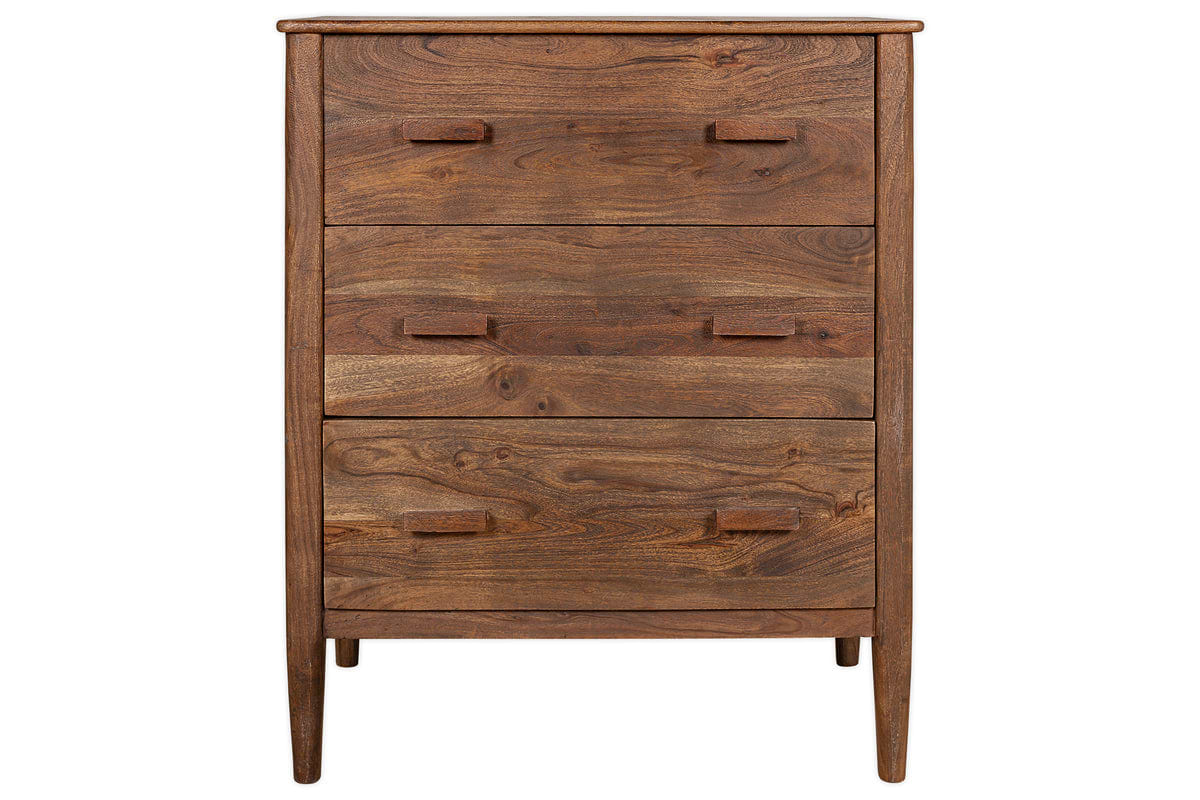 The nkuku Anbu Acacia Chest of Drawers in Washed Walnut features three drawers with rectangular handles, straight legs, and a smooth, minimalist design for stylish bedroom storage.
