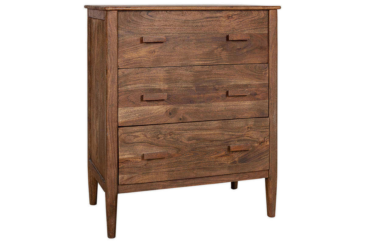 The nkuku Anbu Acacia Chest of Drawers in Washed Walnut features three drawers with simple handles, tapered legs, and a natural wood grain—a timeless storage solution perfect for any bedroom.