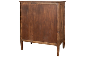 The Anbu Acacia Chest of Drawers by nkuku features a tall, rectangular form with a plain front panel and slender legs. Its washed walnut finish combines minimalist elegance with functional bedroom storage for a calm, uncluttered space.