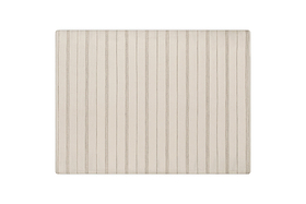 A square, light beige rug with thin vertical dark stripes pairs beautifully with nkuku’s Anta Hemp & Cotton Housewife Pillowcases in Sage Green for a calming, natural look on a plain white background.