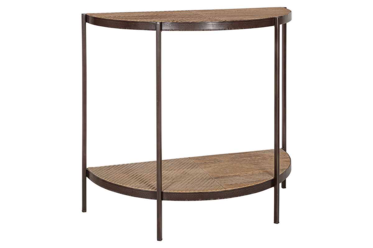 The Aasha Mango Wood Half Moon Console Table by nkuku features a metal frame and two mango wood shelves, offering a minimalist and stylish solution for entryways or living spaces.