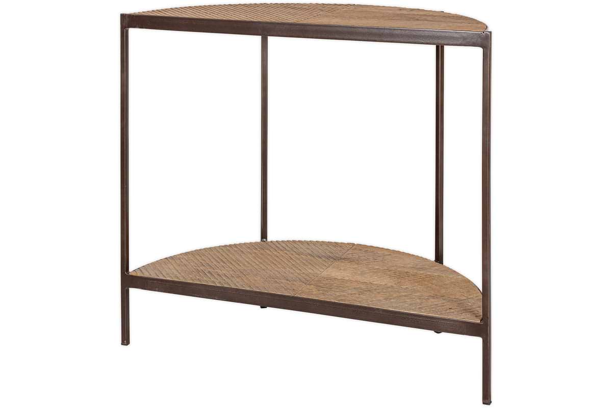 The nkuku Aasha Mango Wood Half Moon Console Table - Natural features a metal frame, two textured mango wood shelves, and a semi-circular design, perfect for placing against a wall or in a corner as an elegant entryway table.