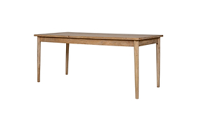 The Anbu Mango Dining Table - Natural by nkuku features a rectangular mango wood top, four straight legs, and a minimalist design, shown against a white background.