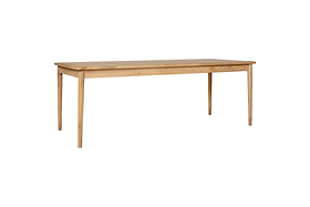 The Anbu Mango Dining Table - Natural by nkuku features a rectangular mango wood design with a smooth top and four tapered legs, from the Anbu collection, displayed on a white background.