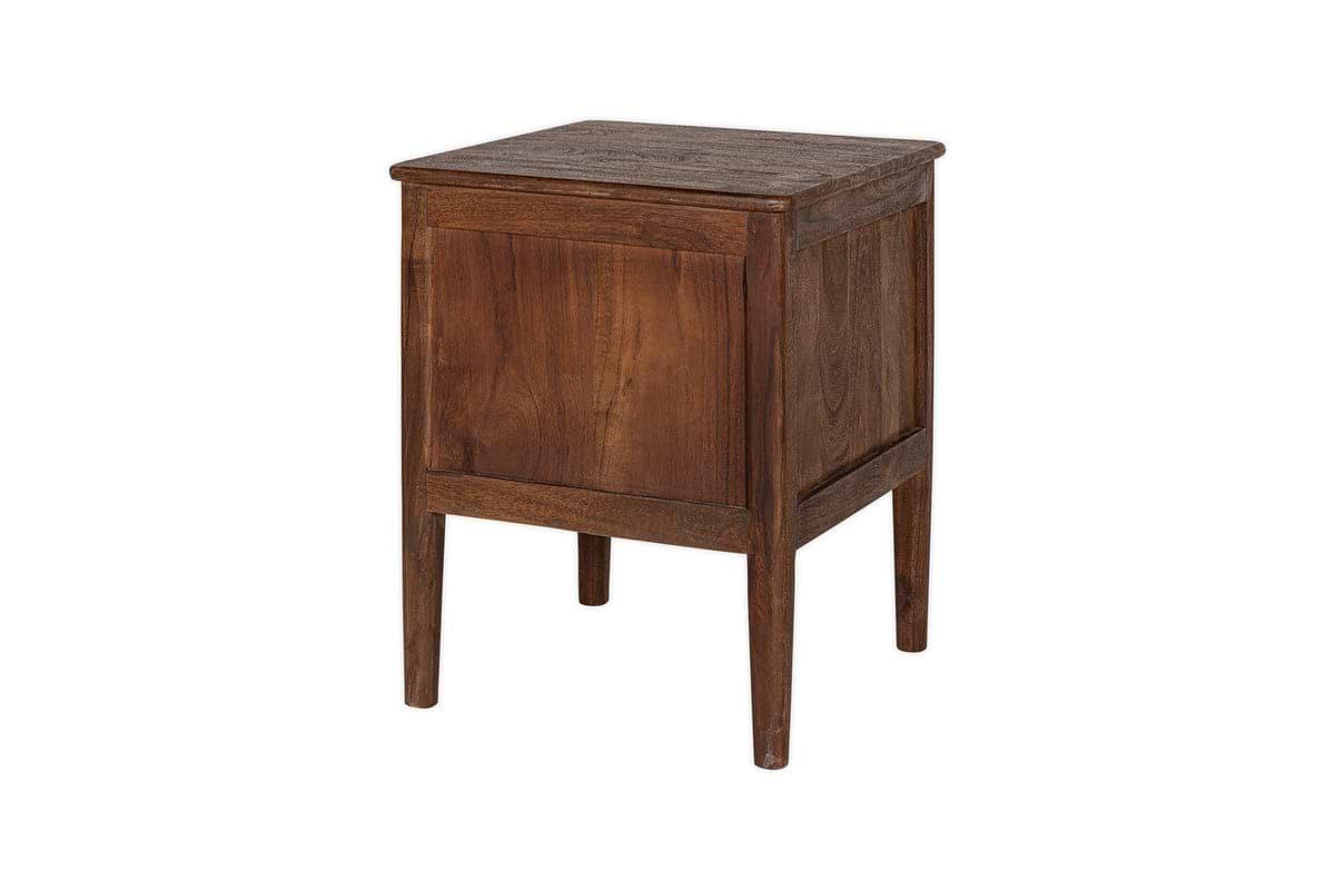 The Anbu Acacia Bedside Table by nkuku features a small, square design with four straight legs and side panels, finished in washed walnut—a stylish bedroom storage solution.