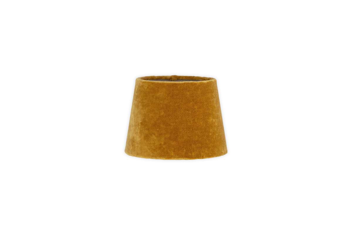The Batakha Velvet & Linen Lampshade in Dark Ochre by nkuku features a simple, tapered cylindrical design for elegant lighting, shown against a plain white background.