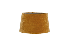 The nkuku Batakha Velvet & Linen Lampshade in dark ochre features a velvet conical design, adding elegant lighting and style, shown here against a plain white background.