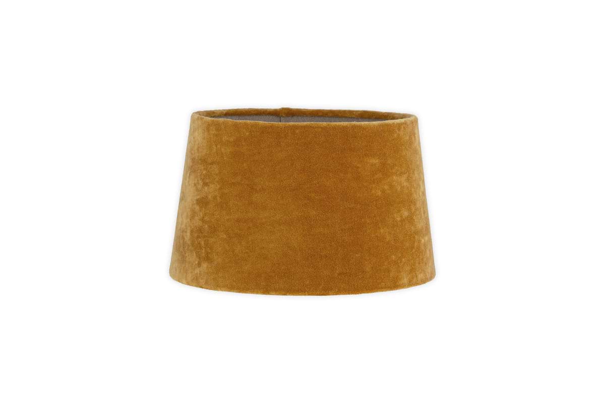 The nkuku Batakha Velvet & Linen Lampshade in dark ochre features a velvet conical design, adding elegant lighting and style, shown here against a plain white background.