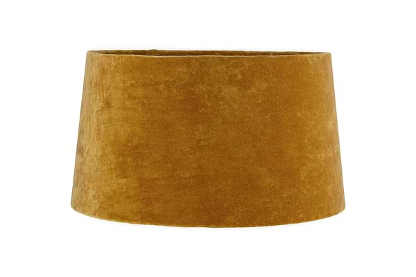 The Batakha Velvet & Linen Lampshade in dark ochre by nkuku features a wide base and narrow top, adding elegant lighting to any space. Shown against a plain white background.