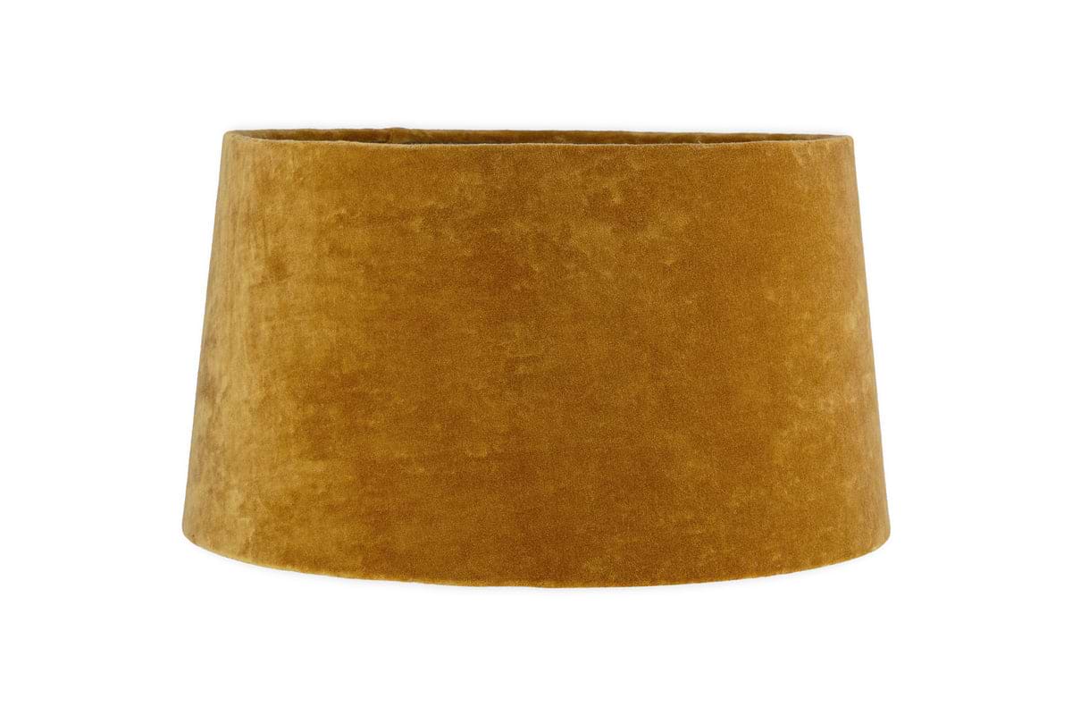 The Batakha Velvet & Linen Lampshade in dark ochre by nkuku features a wide base and narrow top, adding elegant lighting to any space. Shown against a plain white background.