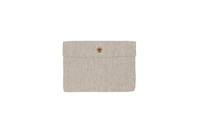 A beige, rectangular hemp and cotton pouch with thin espresso stripes and a central brown button, inspired by nkuku’s Borba Housewife Pillowcases, is shown on a white background.