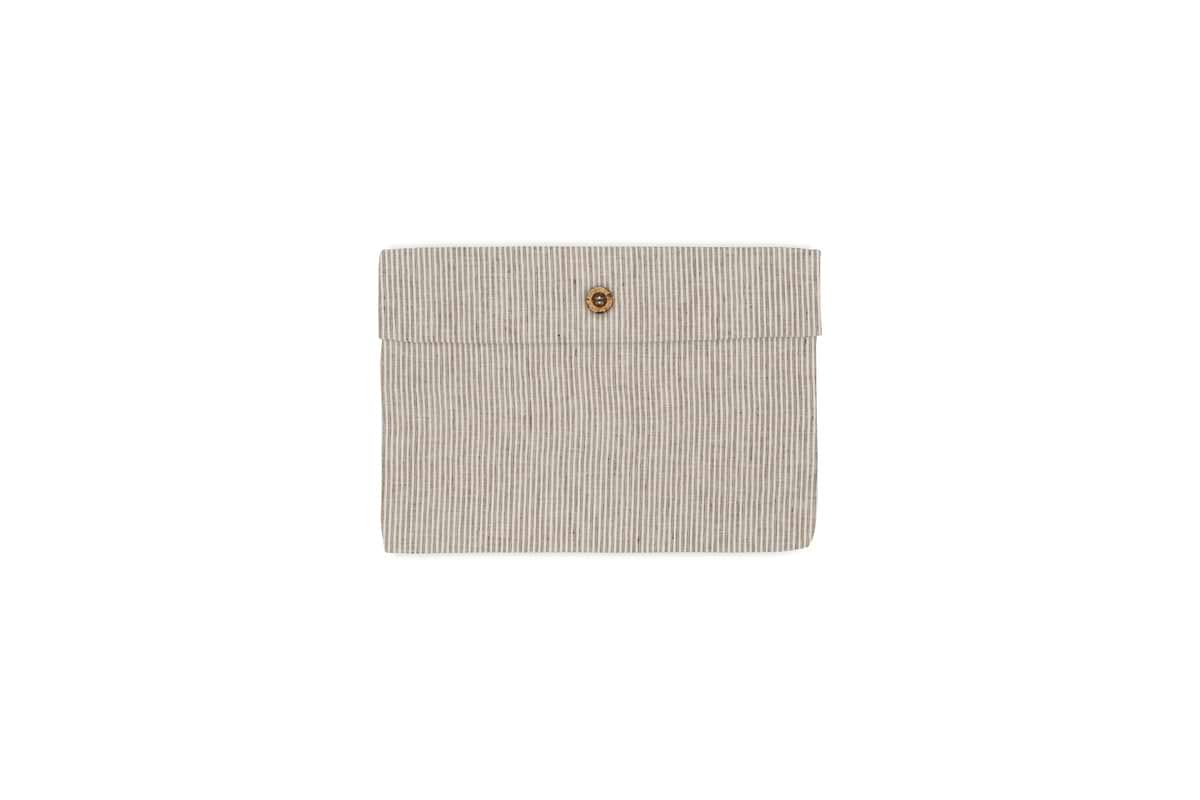 A beige, rectangular hemp and cotton pouch with thin espresso stripes and a central brown button, inspired by nkuku’s Borba Housewife Pillowcases, is shown on a white background.