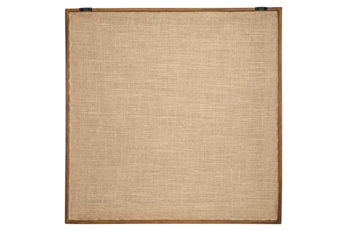 The Birala Hand Stitched Wall Art - Natural by nkuku features a sustainable mango wood frame and two black metal hangers, with a clean cork surface ready for displaying notes, papers, or handmade art.