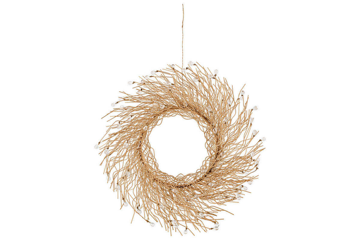The Danvi Glass Drop Wreath by nkuku features elegant brass branches adorned with clear glass drops. Perfect for festive decor, it hangs by a string against a plain white background.