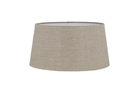 The Embaata Linen Lampshade - Natural by nkuku features a slightly tapered cylindrical shape and subtle textured linen finish in beige, shown against a white background.