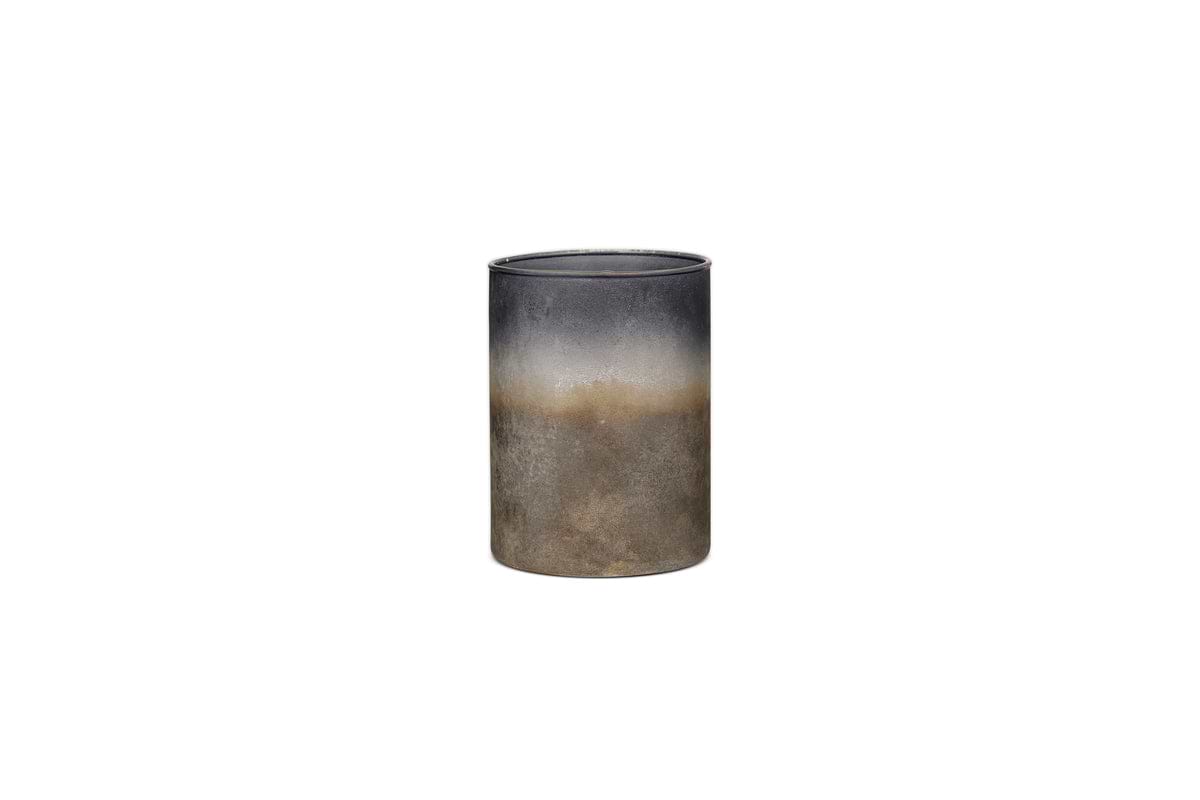 The Etti Tealight Holders by nkuku feature a cylindrical metal design with a navy and smoke gradient finish, ideal for creating an ambient glow. Shown here against a plain white background.