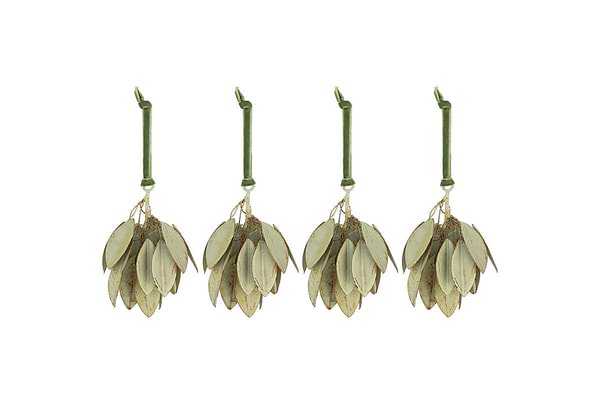 The Geeti Baubles - Soft Green (Set of 4) by nkuku feature pale, oval-shaped ornaments tied with green twine, inspired by nature. Hanging in a row, they add subtle charm and elegance to your space.