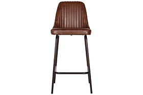 The Harsha Leather Counter Chair by nkuku in chocolate brown features a ribbed, cushioned backrest and seat, with slim black metal legs and a footrest. Shown from the front against a white background; ideal for stylish kitchen island seating.