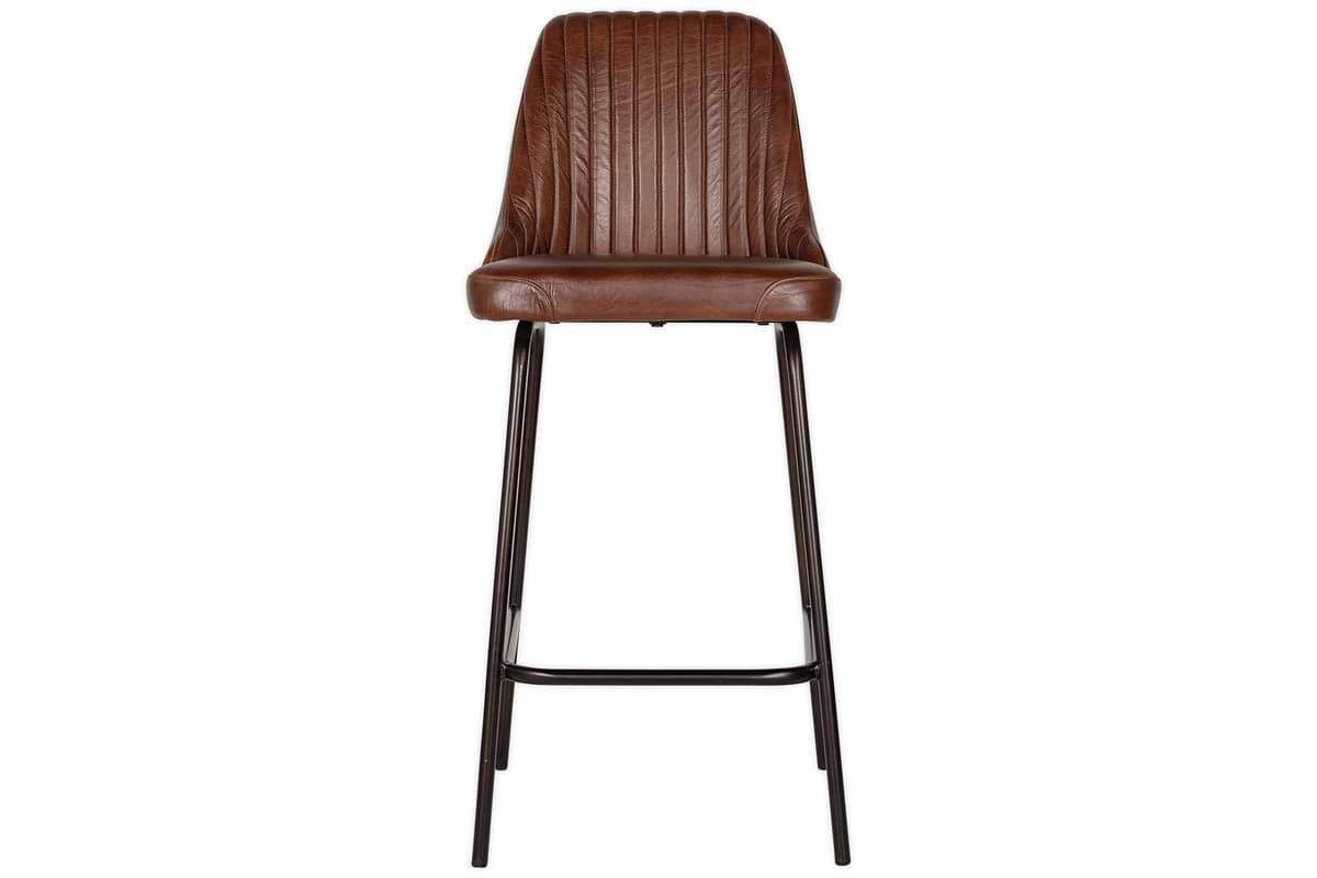 The Harsha Leather Counter Chair by nkuku in chocolate brown features a ribbed, cushioned backrest and seat, with slim black metal legs and a footrest. Shown from the front against a white background; ideal for stylish kitchen island seating.