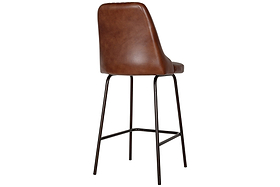 The nkuku Harsha Leather Counter Chair in chocolate brown features a high backrest, black metal legs, and a modern minimalist design. Seen from behind at an angle, its perfect for kitchen island seating.