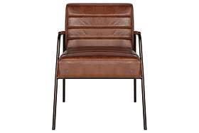 Front view of the nkuku Hadithi Leather Occasional Chair in chocolate brown, featuring a ribbed padded backrest and seat, slim black metal legs, and matching black metal armrests.