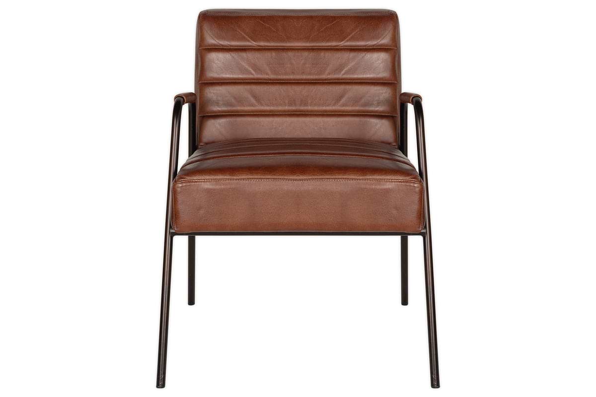Front view of the nkuku Hadithi Leather Occasional Chair in chocolate brown, featuring a ribbed padded backrest and seat, slim black metal legs, and matching black metal armrests.