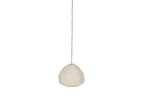 The Hirana Cotton Lampshade - Natural - Large by nkuku is a beige, oval-shaped paper lantern pendant light with a cotton shade, hanging from a thin black cord against a plain white background.