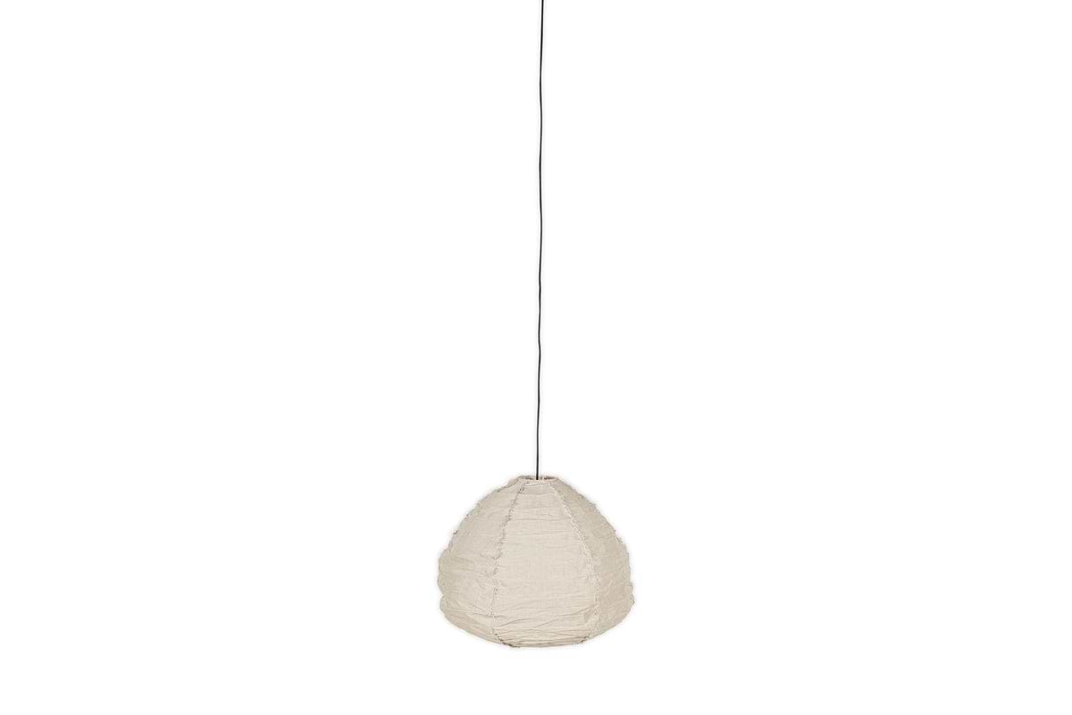 The Hirana Cotton Lampshade - Natural - Large by nkuku is a beige, oval-shaped paper lantern pendant light with a cotton shade, hanging from a thin black cord against a plain white background.