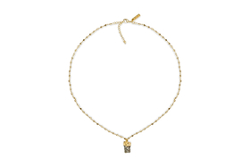 The Hadari Labradorite Necklace by nkuku features an irregular gray labradorite stone pendant on a delicate gold chain, showcased against a white background.