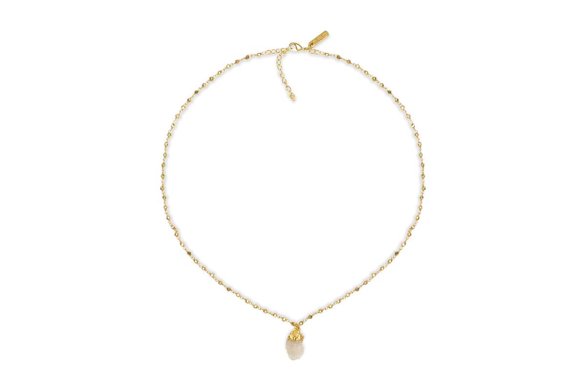 The nkuku Hadari Rose Quartz Necklace in gold features a delicate adjustable chain with a lobster clasp and an elegant oval-shaped rose quartz pendant—perfect for any occasion.