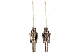 The Imay Nutcracker Baubles - Antique Brass (Set of 2) by nkuku feature metal figures with an antique gold finish and rustic twine loops. Each mini bauble has a tall hat, simple features, and straight limbs—ideal festive décor for your Christmas tree.