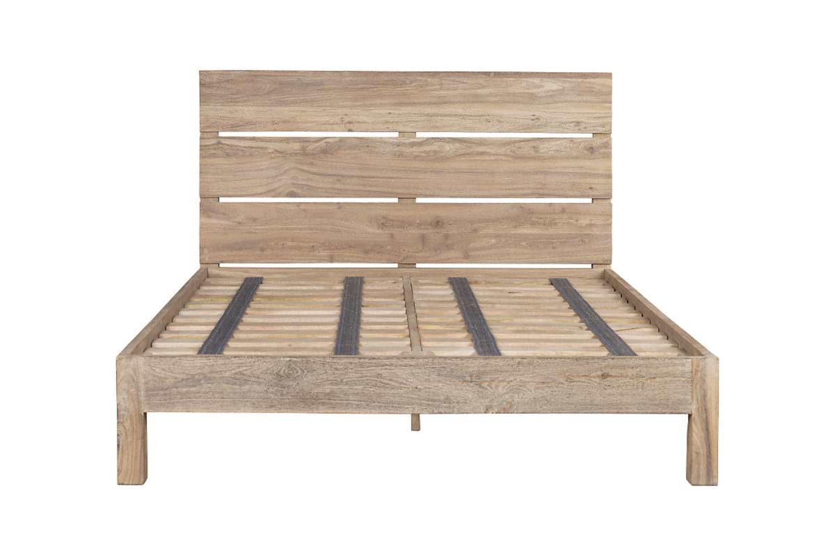 The nkuku Iya Reclaimed Wood Bed - Natural features a simple, modern design with a slatted headboard and base in a rustic natural wood finish, shown from the front against a white background.