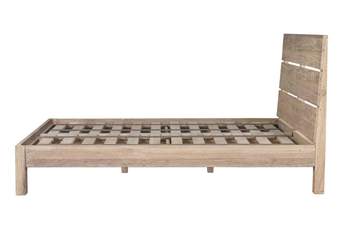 The nkuku Iya Reclaimed Wood Bed – Natural features a tall headboard with horizontal slats, a rustic side profile, and natural wood finish. Shown without a mattress, it offers a charming, relaxed look.