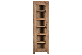 The nkuku Ibo Reclaimed Wood & Glass Cabinet - Natural - Tall features five shelves, glass door panels, and an antique brass handle, all in a charming rustic finish.