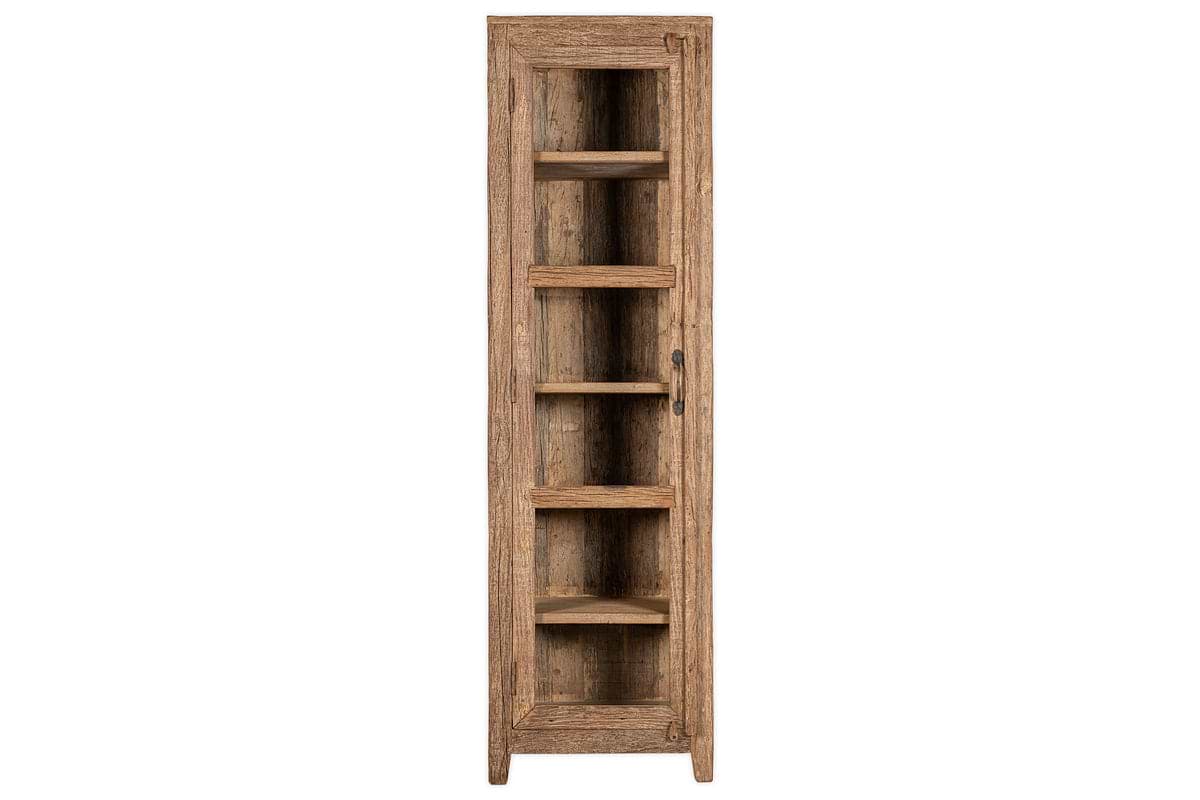 The nkuku Ibo Reclaimed Wood & Glass Cabinet - Natural - Tall features five shelves, glass door panels, and an antique brass handle, all in a charming rustic finish.