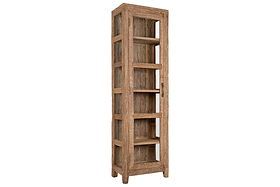 The nkuku Ibo Reclaimed Wood & Glass Cabinet - Natural - Tall features a slim design with a glass-paneled door, five shelves, antique brass handles, and a weathered finish for rustic charm.