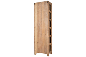 The nkuku Ibo Reclaimed Wood & Glass Cabinet - Natural - Tall features multiple shelves, a simple rustic design, and subtle antique brass handles, shown against a white background.